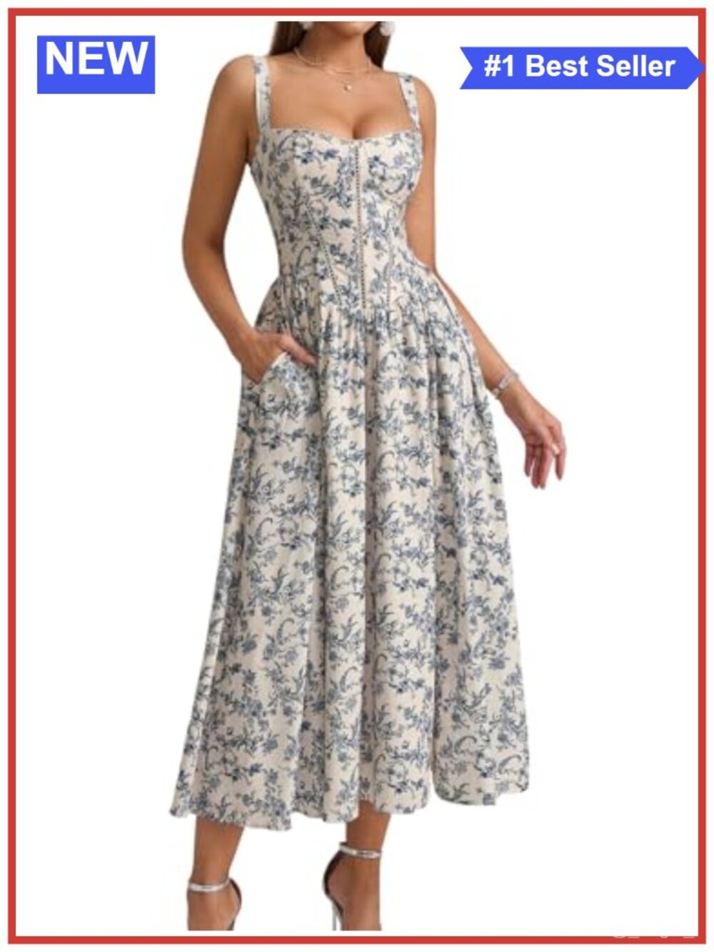 Corset Midi Dress with Pockets Floral Summer Wedding Guest Dress
